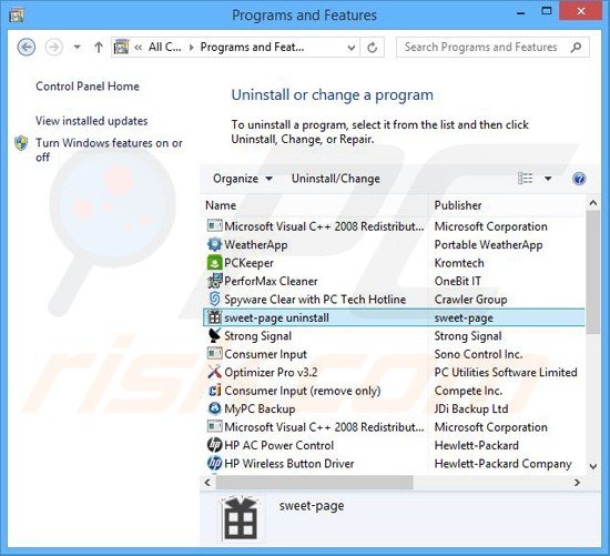 sweet-page.com browser hijacker uninstall via Control Panel