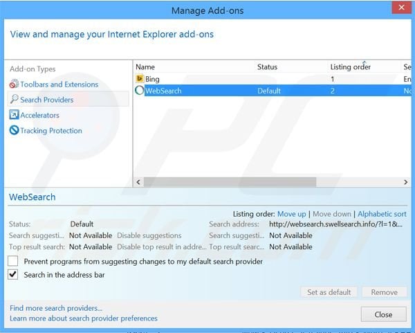 Removing websearch.swellsearch.info from Internet Explorer default search engine