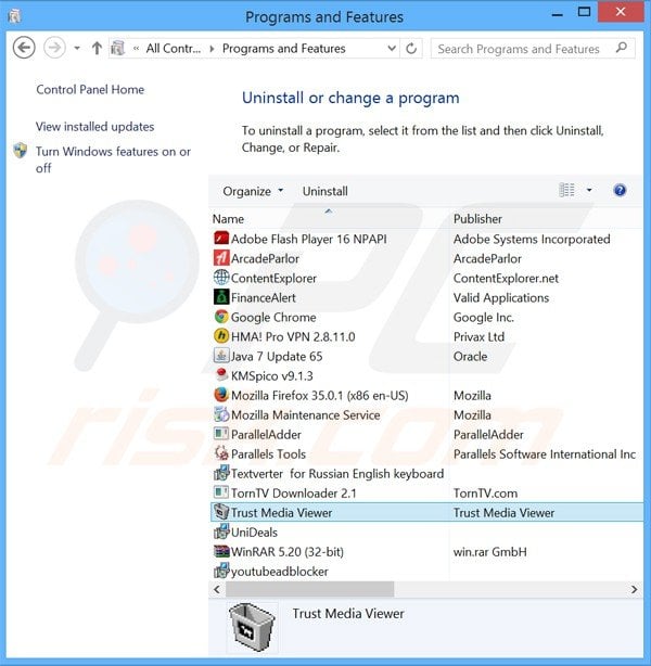 trust media viewer adware uninstall via Control Panel