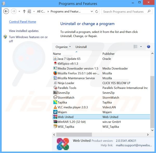 Web United adware uninstall via Control Panel