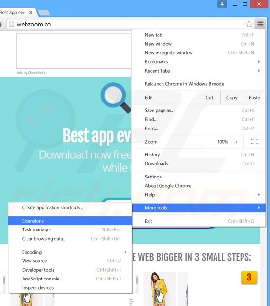 Removing Web Zoom  ads from Google Chrome step 1