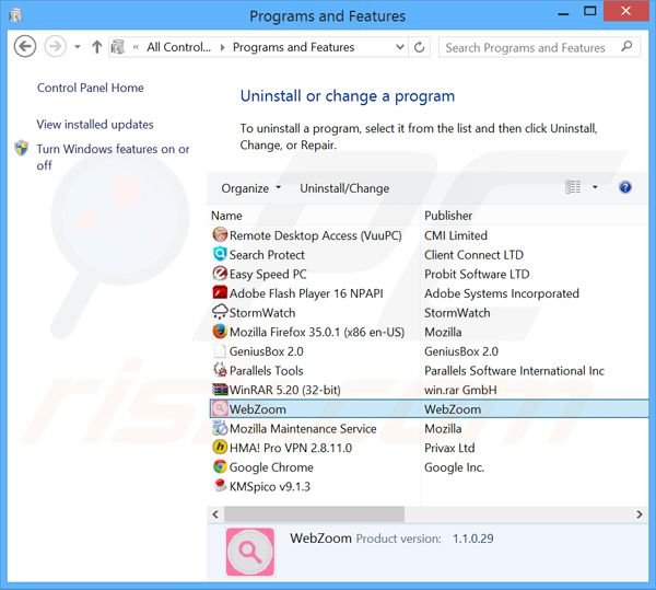 Web Zoom adware uninstall via Control Panel