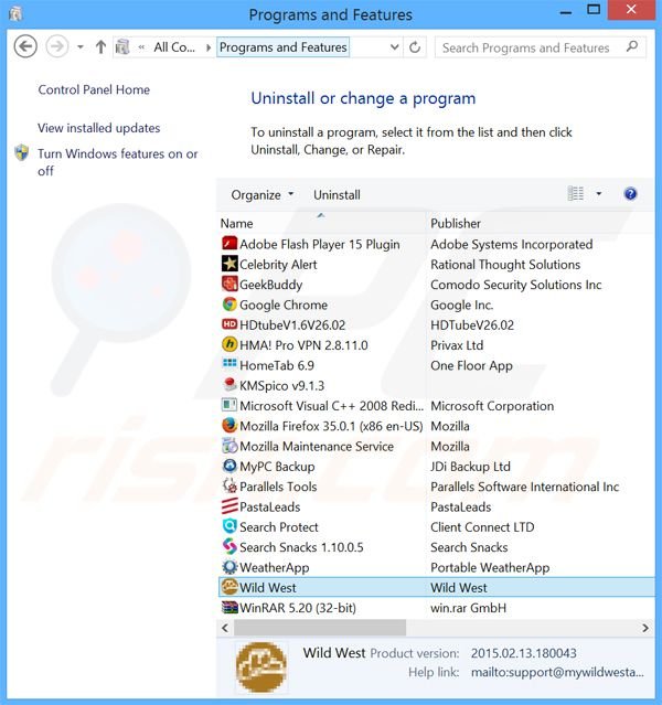 Wild West adware uninstall via Control Panel