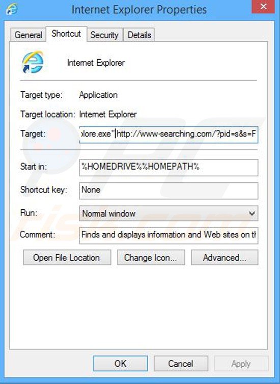 Removing www-seaching.com from Internet Explorer shortcut target step 2