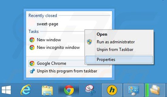 Removing www-searching.com from Google Chrome shortcut target step 1