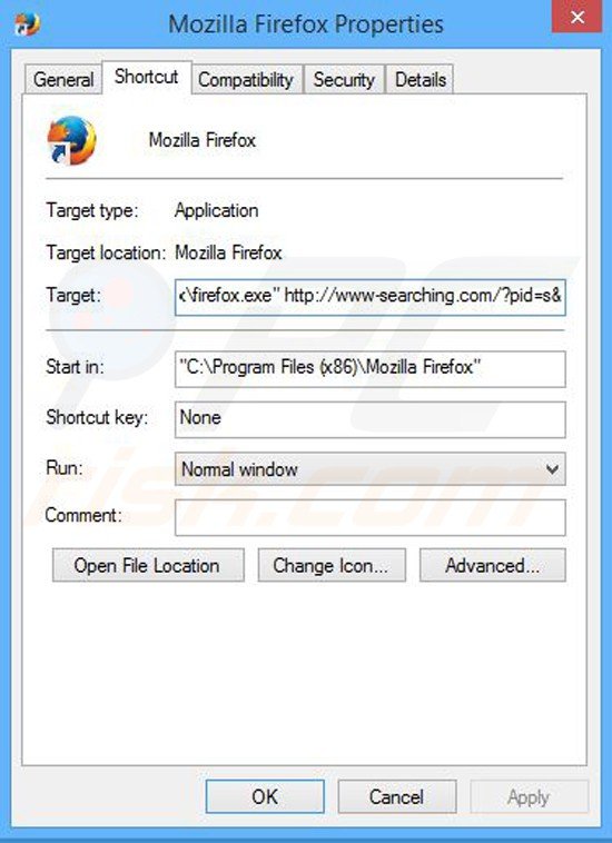 Removing www-searching.com from Mozilla Firefox shortcut target step 2