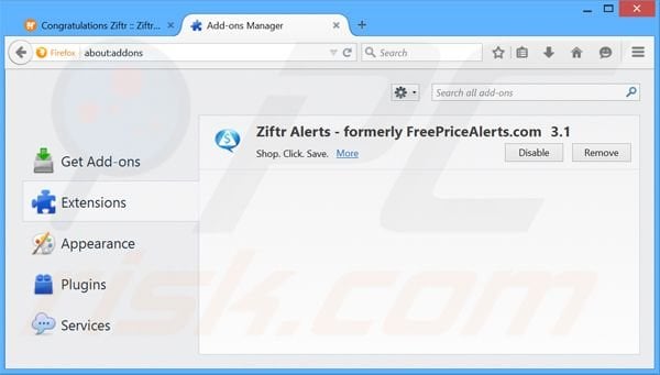 Removing Ziftr ads from Mozilla Firefox step 2