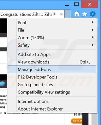 Removing Ziftr ads from Internet Explorer step 1