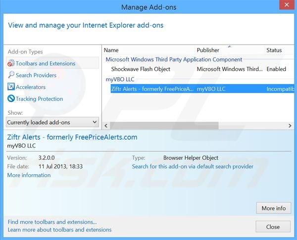 Removing Ziftr ads from Internet Explorer step 2