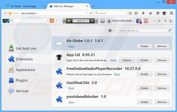 Removing Air Globe ads from Mozilla Firefox step 2