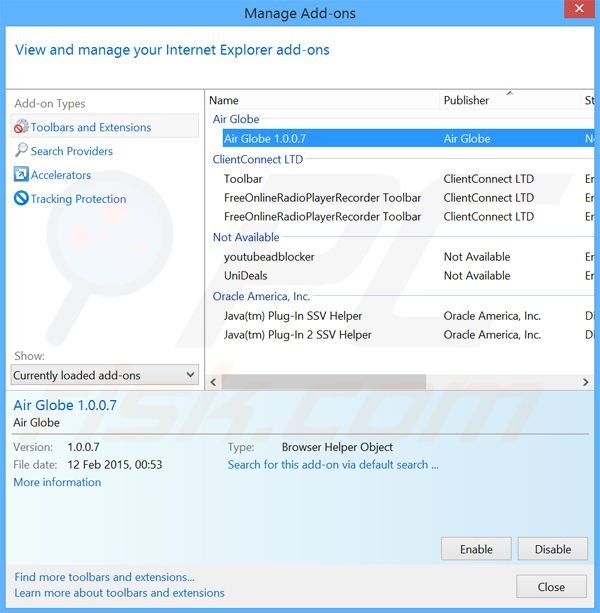 Removing Air Globe ads from Internet Explorer step 2