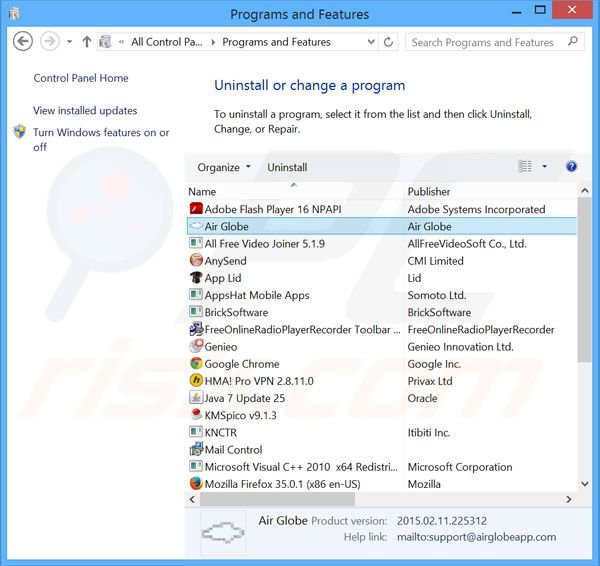 Air Globe adware uninstall via Control Panel