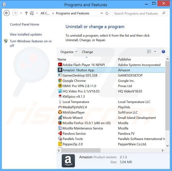 Amazon 1Button App adware uninstall via Control Panel