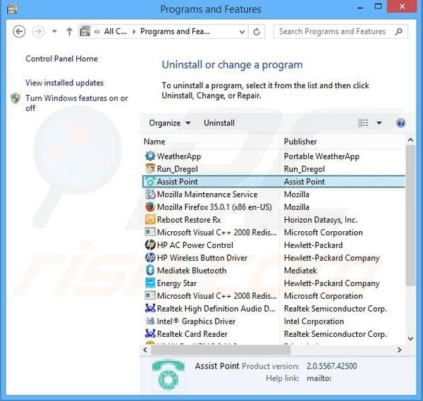 Assist Point adware uninstall via Control Panel