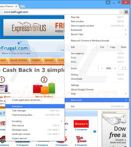 Removing BeFrugal  ads from Google Chrome step 1