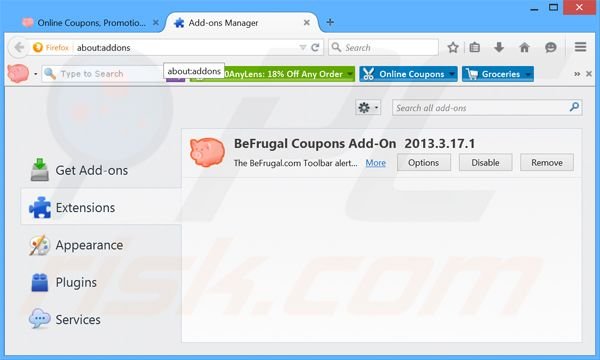Removing BeFrugal ads from Mozilla Firefox step 2