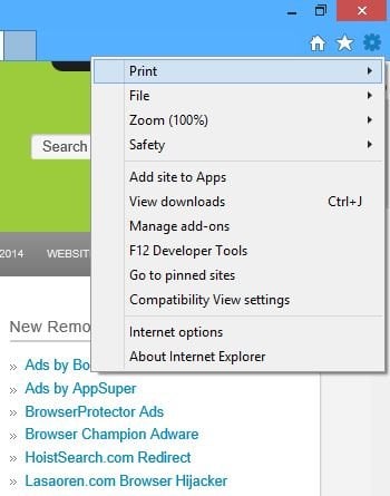 Removing Blue Bulletin ads from Internet Explorer step 1