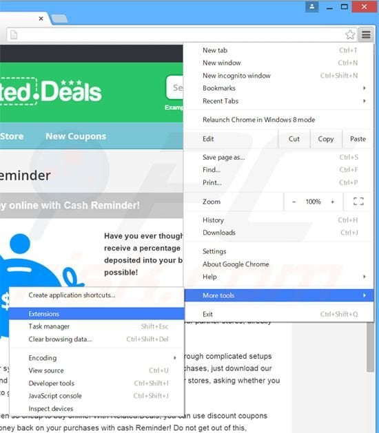 Removing Cash Reminder  ads from Google Chrome step 1