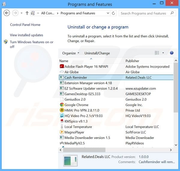 Cash Reminder adware uninstall via Control Panel