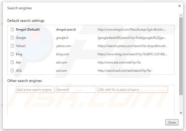 Removing dregol.com from Google Chrome default search engine