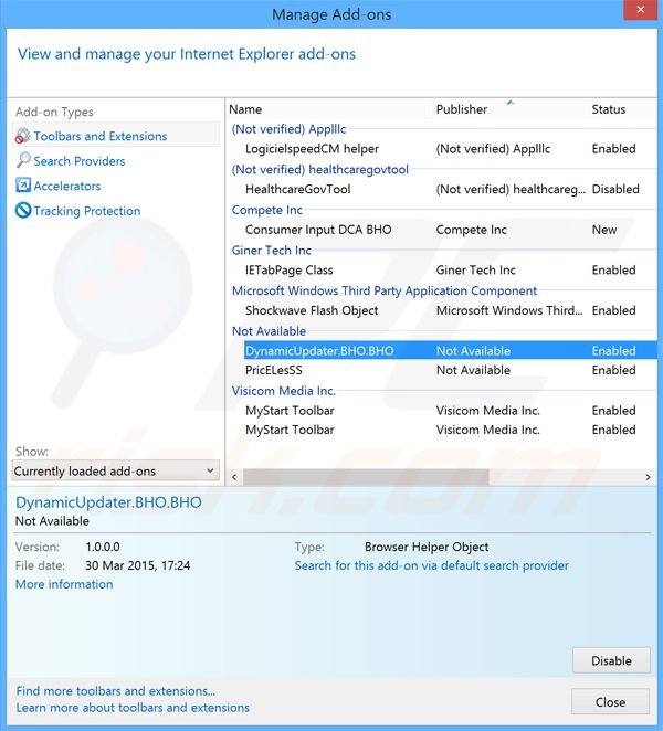 Removing Dynamic Updater ads from Internet Explorer step 2