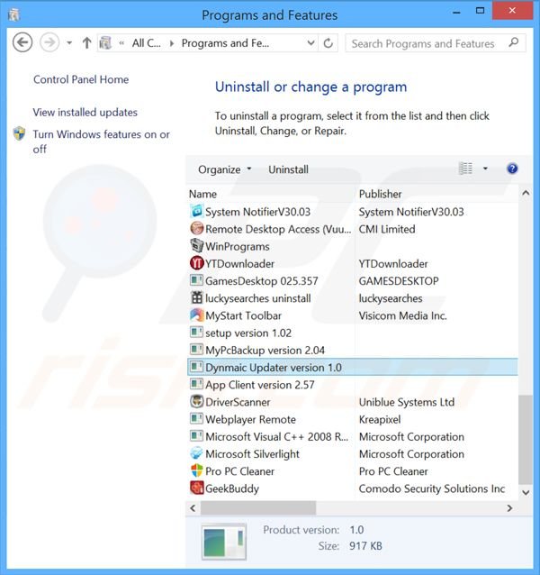 Dynamic Updater adware uninstall via Control Panel