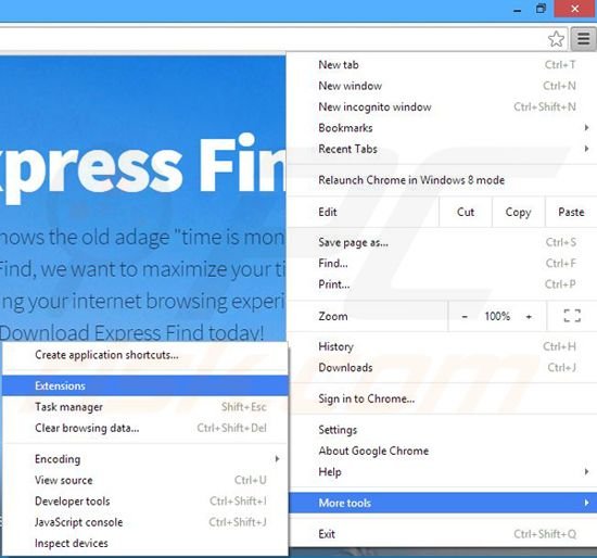 Removing Express Find ads from Google Chrome step 1