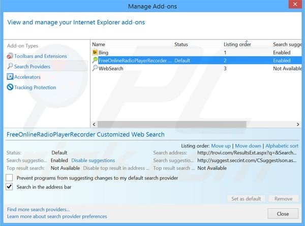 Removing FreeOnlineRadioPlayerRecorder from Internet Explorer default search engine