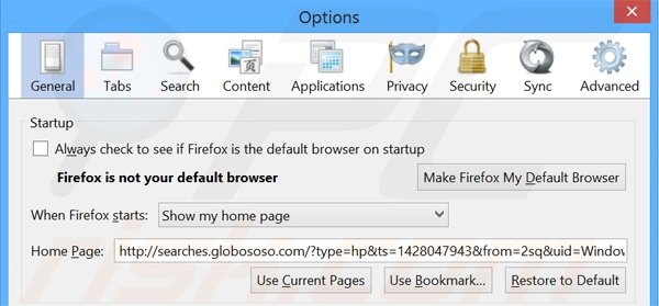 Removing searches.globososo.com from Mozilla Firefox homepage