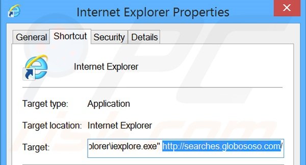 Removing searches.globososo.com from Internet Explorer shortcut target step 2