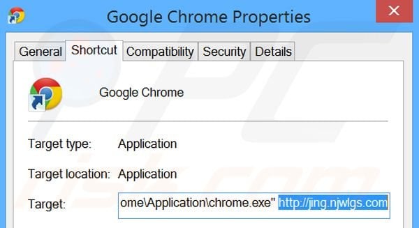 Removing hao.360.cn from Google Chrome shortcut target step 2