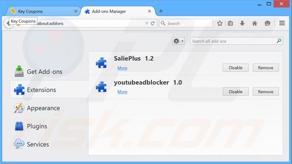 Removing Key Coupons ads from Mozilla Firefox step 2