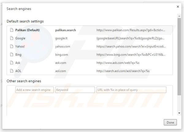 Removing palikan.com from Google Chrome default search engine