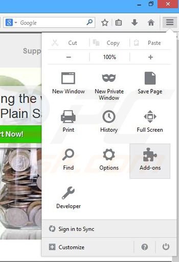 Removing Plain Savings ads from Mozilla Firefox step 1