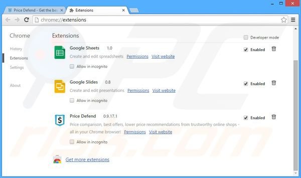 Removing Price Defend ads from Google Chrome step 2