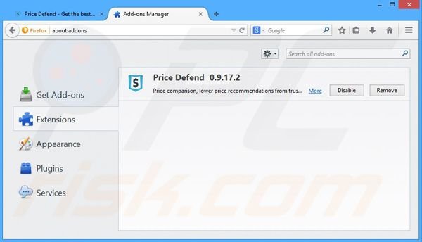 Removing Price Defend ads from Mozilla Firefox step 2