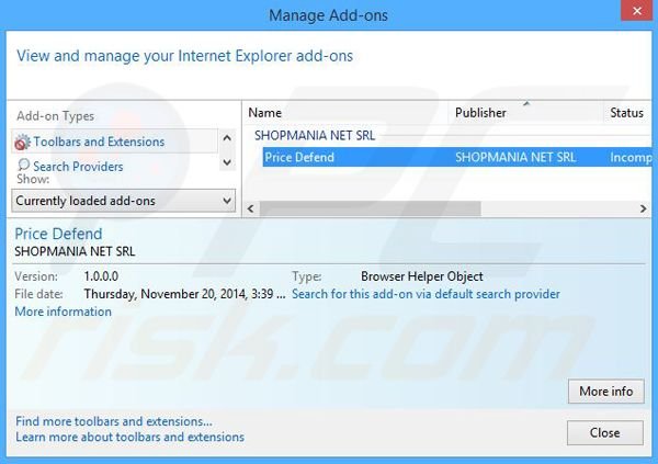 Removing Price Defend ads from Internet Explorer step 2