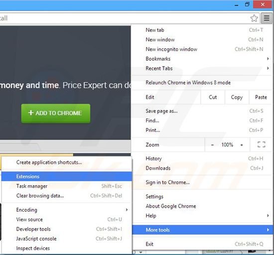 Removing Price Expert ads from Google Chrome step 1