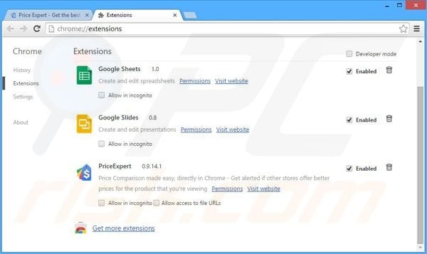 Removing Price Expert ads from Google Chrome step 2