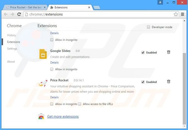 Removing Price Rocket ads from Google Chrome step 2