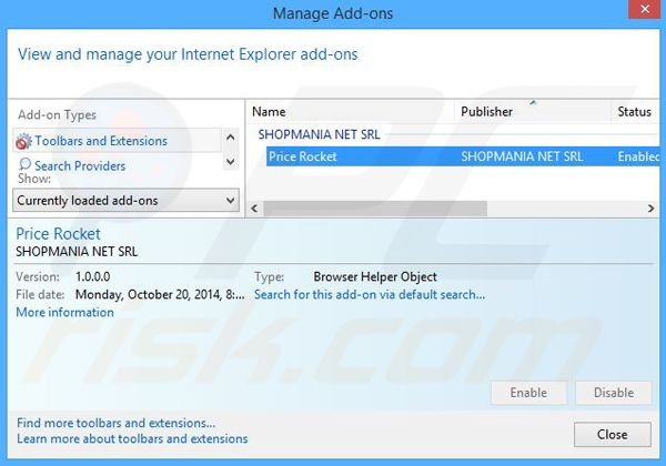 Removing Price Rocket ads from Internet Explorer step 2
