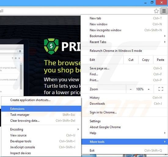 Removing Price Turtle ads from Google Chrome step 1