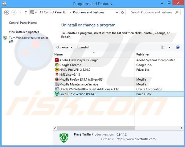 Price Turtle adware uninstall via Control Panel