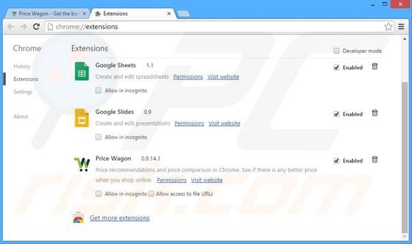Removing Price Wagon ads from Google Chrome step 2