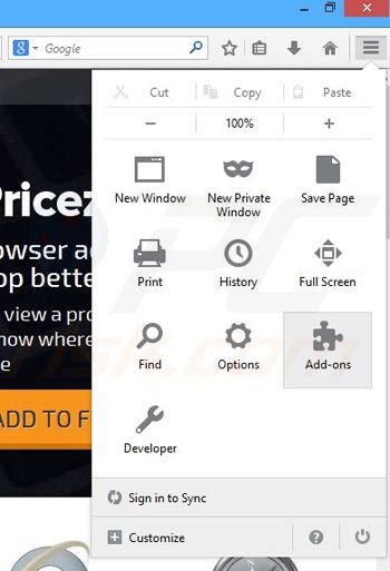 Removing Pricezilla ads from Mozilla Firefox step 1
