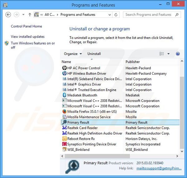 Primary Result adware uninstall via Control Panel