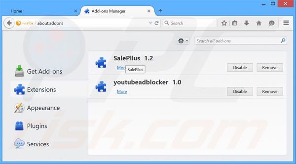 Removing SalePlus ads from Mozilla Firefox step 2