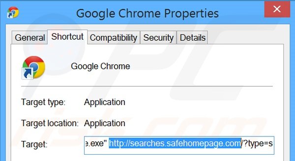 Removing searches.safehomepage.com from Google Chrome shortcut target step 2