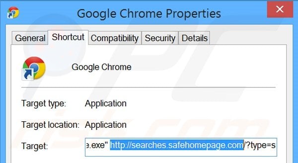 Removing searches.safehomepage.com from Google Chrome shortcut target step 2