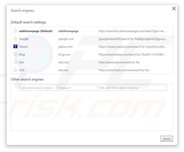Removing searches.safehomepage.com from Google Chrome default search engine